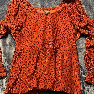 Free People Orange Ruched Ruffled 3/4 Sleeve Blouse
